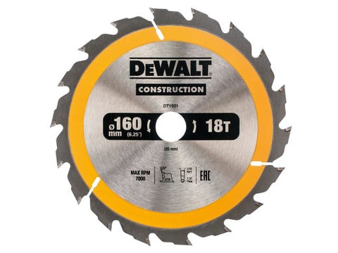 DEWALT Construction Circular Saw Blade 160 x 20mm x 18T