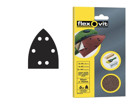 Flexovit Detail Hook & Loop Sanding Sheets 95x145mm Assorted (Pack of 6)