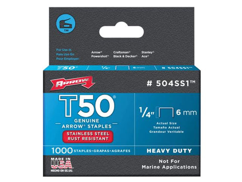 Arrow T50 Staples Stainless Steel 504SS 6mm (1/4in) Box 1000