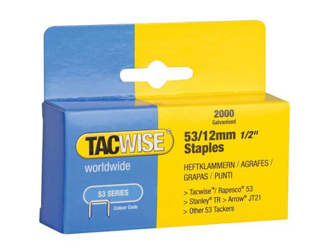 Tacwise 53 Light-Duty Staples 12mm (Type JT21  A) Pack 2000