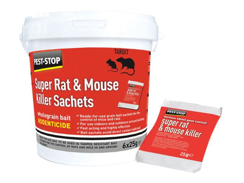 Pest-Stop  Super Rat & Mouse Killer Sachets (Tub of 6 x 25g Sachets)