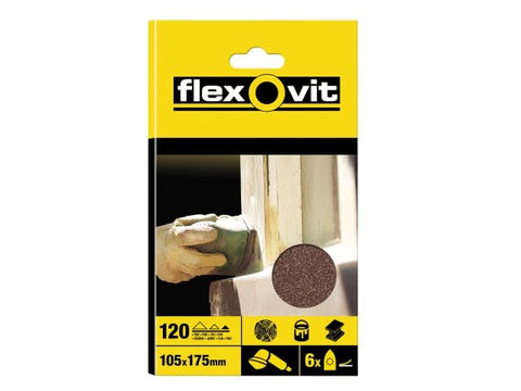 Flexovit Detail Hook & Loop Sanding Sheets 105x175mm Fine 120G (Pack of 6)