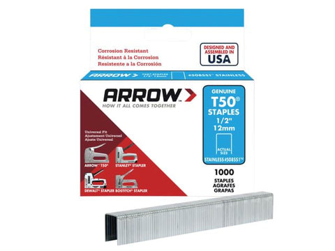 Arrow T50 Staples Stainless Steel 508SS 12mm (1/2in) Box 1000