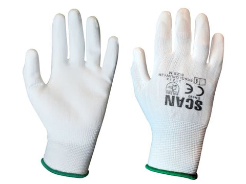 Scan White PU Coated Gloves - Medium (Size 8) (Pack 12)