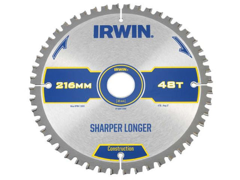 IRWIN Construction Mitre Circular Saw Blade 216 x 30mm x 48T ATB/Neg M